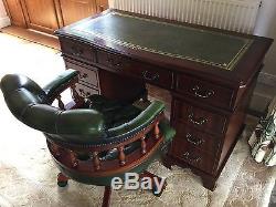 Green Leather Top Mahogany Pedestal Office Desk And Captains Chair