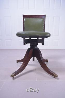 Stunning Antique Green Studded Leather Office Oak Swivel Chair