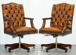 1 Of 2 Restored Chesterfield Gainsborough Brown Leather Directors Captains Chair