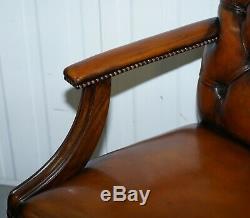 1 Of 2 Restored Chesterfield Gainsborough Brown Leather Directors Captains Chair