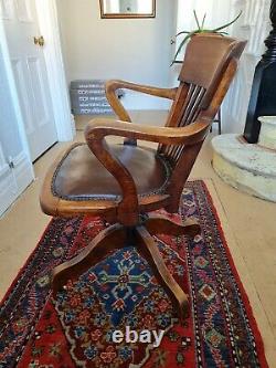 1920s industrial oak & leather swivel office desk chair captains chair