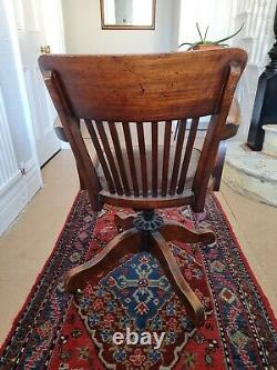 1920s industrial oak & leather swivel office desk chair captains chair