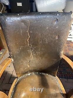 1930s Art Deco industrial oak & leather swivel office desk chair captains chair