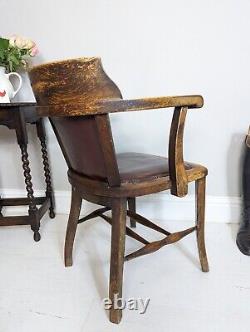 1940's Office Chair Original Bentwood Arms Brown Faux Leather Seat FREE POSTAGE