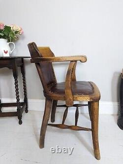 1940's Office Chair Original Bentwood Arms Brown Faux Leather Seat FREE POSTAGE