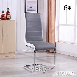 2 4 6 Grey White Side High Back Dining Office Chairs Faux Leather Chrome Legs