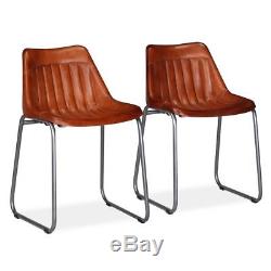 2 Dining Chairs Genuine Leather Stripes Kitchen Vintage style Office Home Brown