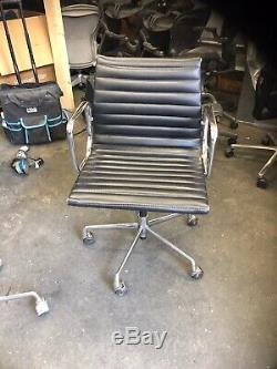 2 X Eames Original ICF EA117 Aluminium Medium Back, Black Leather Office Chairs