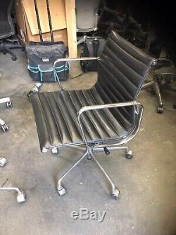 2 X Eames Original ICF EA117 Aluminium Medium Back, Black Leather Office Chairs