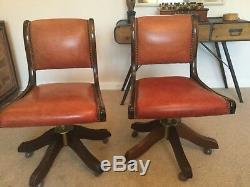 2 x vintage retro brown leather office desk swivel chairs