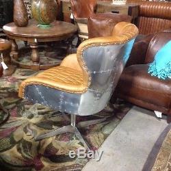 27 W Office Swivel aviator arm chair soft light brown leather aluminum cool