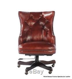 32' W Office desk chair casters tufted back soft vintage brown leather luxurious