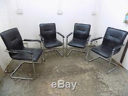 4, four, vintage, 1970's, style, black leather, chrome, arm chairs, office, dining, chair