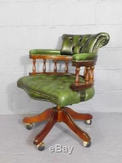 A Good Antique Styled Green Button Leather Swivel Office Desk Chair