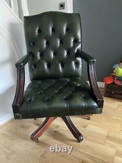 ANTIQUE Green Leather Chesterfield Directors Captains Swivel Office Desk Chair