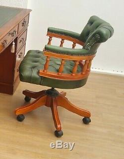 ANTIQUE STYLE GREEN LEATHER YEW CHESTERFIELD CAPTAINS CHAIR Delivery possible