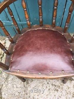 Antique 1920's Elm, Beech & Leather Captains Office Cabin Chair Desk Chair