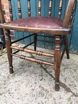 Antique 1920's Elm, Beech & Leather Captains Office Cabin Chair Desk Chair