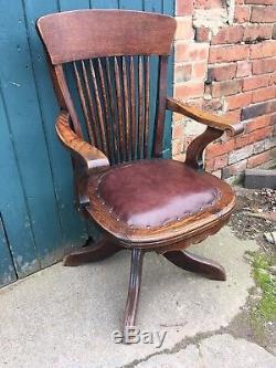 Antique 1920's Oak & Leather Captains Office Cabin Chair Desk Chair Tilt Swivel