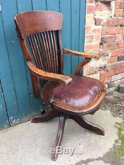 Antique 1920's Oak & Leather Captains Office Cabin Chair Desk Chair Tilt Swivel