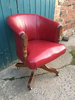 Antique 1920's Oak & Leather Swivel & Tilt Cabin Captains Office Chair Armchair
