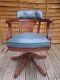 Antique 1960s Blue Leather Mahogany Captain I Revolving Office Chair