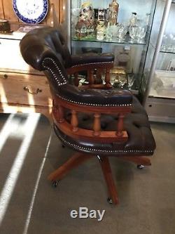 Antique Brown Leather Chesterfield Captains Swivel Office Chair