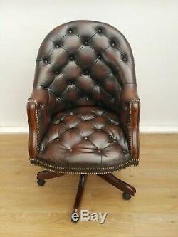 Antique Brown Leather Directors Captains Chair / Swivel Desk Chair