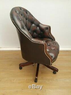 Antique Brown Leather Directors Captains Chair / Swivel Desk Chair