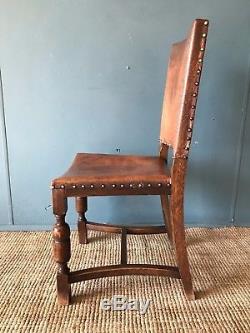 Antique Brown Leather Studded Carved Oak Chair Kitchen Dining Office Desk Seat