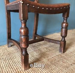 Antique Brown Leather Studded Carved Oak Chair Kitchen Dining Office Desk Seat