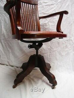 Antique Edwardian Mahogany Revolving Office Desk Chair Leather Seat