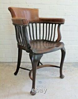 Antique Edwardian Oak & Brown Leather Library Office Captains Chair Armchair