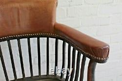Antique Edwardian Oak & Brown Leather Library Office Captains Chair Armchair