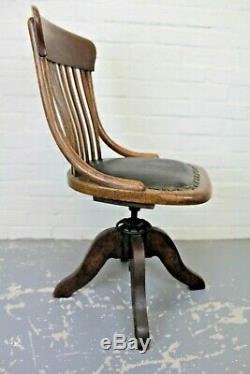 Antique Edwardian Oak & Green Leather Office Swivel Chair (Delivery Available)