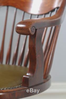 Antique Edwardian Oak & Green Leather Revolving Swivel Office Desk Arm Chair