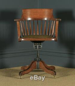 Antique Edwardian Oak & Green Leather Revolving Swivel Office Desk Arm Chair