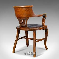 Antique Elbow Chair, English, Oak, Leather, Office, Desk, Captains, Study c. 1910