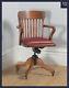 Antique English Edwardian Beech & Red Leather Revolving Office Desk Chair C1910