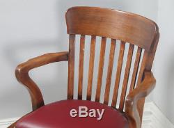 Antique English Edwardian Beech & Red Leather Revolving Office Desk Chair c1910