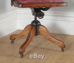 Antique English Edwardian Beech & Red Leather Revolving Office Desk Chair c1910