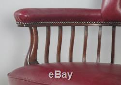 Antique English Edwardian Mahogany & Red Leather Revolving Office Desk Arm Chair