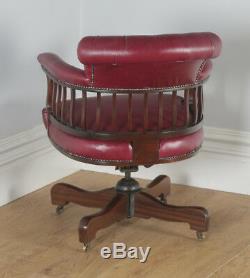 Antique English Edwardian Mahogany & Red Leather Revolving Office Desk Arm Chair