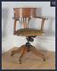 Antique English Edwardian Oak Leather Revolving Swivel Office Desk Arm Chair