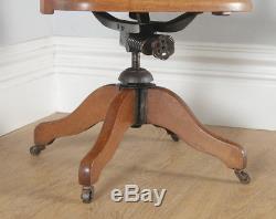 Antique English Edwardian Oak Leather Revolving Swivel Office Desk Arm Chair