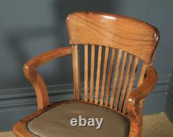 Antique English Edwardian Oak Tan Brown Leather Revolving Office Desk Arm Chair