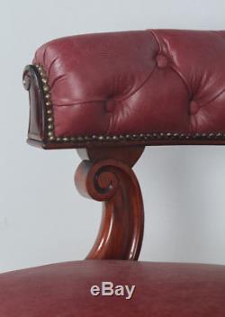 Antique English Victorian Mahogany & Crimson Red Leather Office Desk Arm Chair