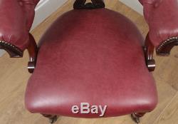 Antique English Victorian Mahogany & Crimson Red Leather Office Desk Arm Chair