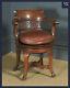 Antique English Victorian Oak & Brown Leather Revolving Office Desk Arm Chair