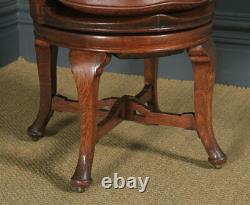 Antique English Victorian Oak & Brown Leather Revolving Office Desk Arm Chair